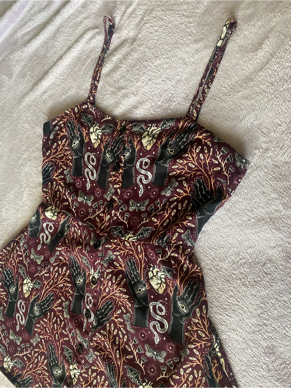 Disturbia Burgundy Occult Print Button Front Mini Dress Witchy Gothic - Picture 2 of 11